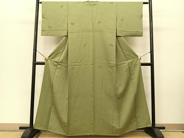 平和屋着物▽上質な小紋　単衣　笹の葉青海波　老竹色　正絹　逸品　BAAT9091yc