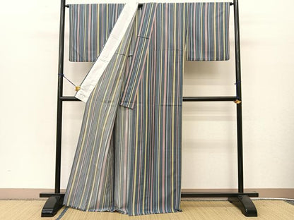 平和屋着物▽小紋 単衣 縞 やまと誂製 洗える着物 BAAT9100yc