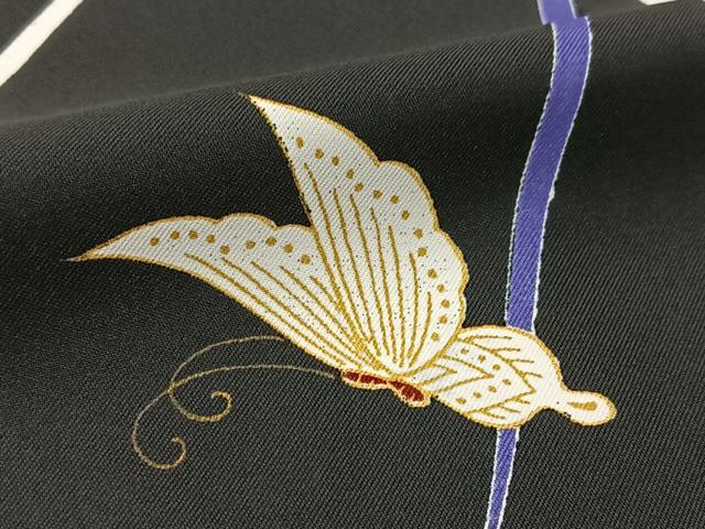 平和屋着物▽小紋 単衣 舞蝶芝草文 黒地 洗える着物 BAAT9097yc