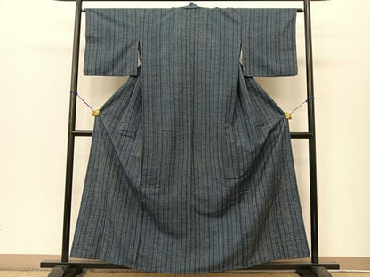 平和屋着物▽上質な紬 単衣 縞 正絹 逸品 BAAT9095yc
