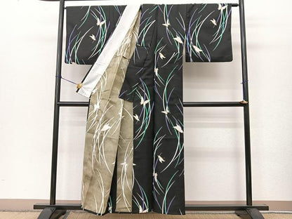 平和屋着物▽小紋 単衣 舞蝶芝草文 黒地 洗える着物 BAAT9097yc