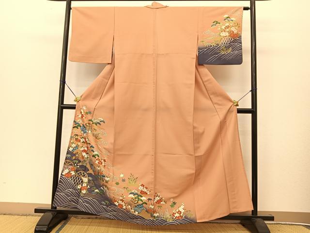 平和屋着物▽訪問着　単衣　御所解松竹梅風景文　金彩　洗える着物　BAAT9117yc