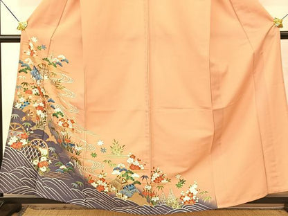 平和屋着物▽訪問着　単衣　御所解松竹梅風景文　金彩　洗える着物　BAAT9117yc