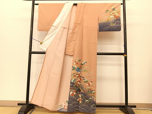平和屋着物▽訪問着　単衣　御所解松竹梅風景文　金彩　洗える着物　BAAT9117yc