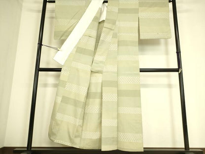 平和屋着物▽上質なお召 単衣 横段霞文 正絹 逸品 DAAS0703az