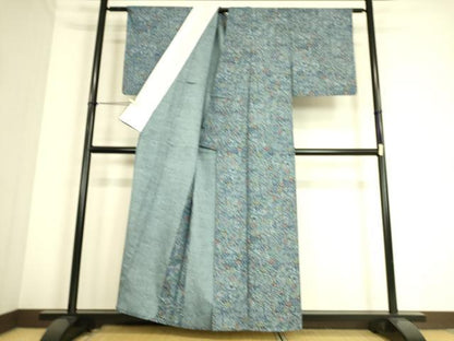 平和屋着物▽上質な小紋 紬地 単衣 型染め 流水吉祥花文 正絹 逸品 DAAS0736az