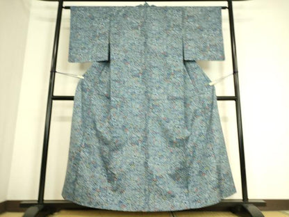 平和屋着物▽上質な小紋 紬地 単衣 型染め 流水吉祥花文 正絹 逸品 DAAS0736az