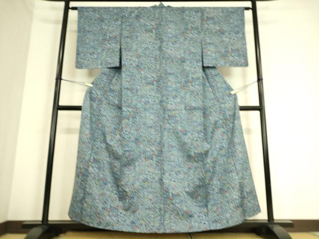平和屋着物▽上質な小紋 紬地 単衣 型染め 流水吉祥花文 正絹 逸品 DAAS0736az