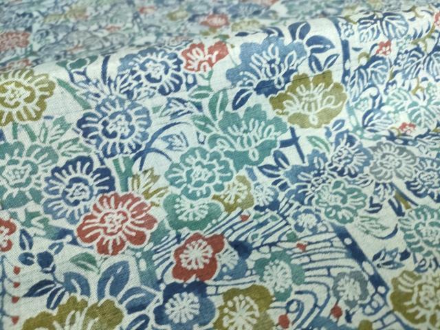 平和屋着物▽上質な小紋 紬地 単衣 型染め 流水吉祥花文 正絹 逸品 DAAS0736az