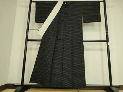 平和屋着物▽本塩沢 単衣 十字絣 黒地 正絹 逸品 DAAS0758az