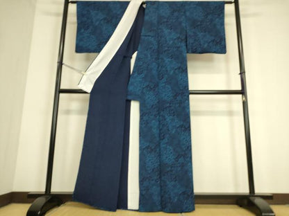 平和屋着物▽本藍 型絵染 小紋 単衣 花切嵌文様 鬼しぼ縮緬 正絹 逸品 DAAS0766az