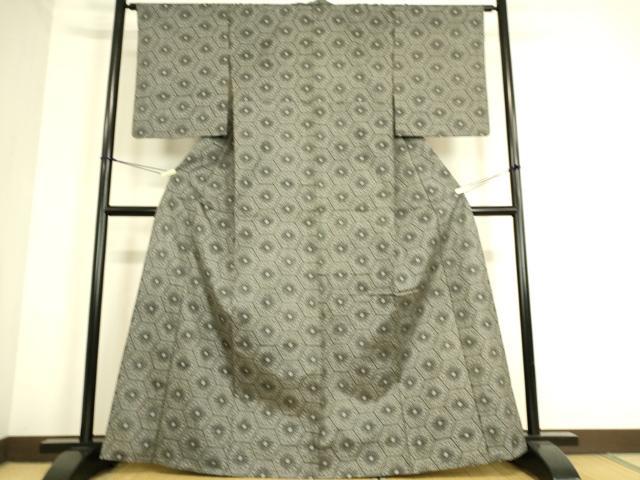 平和屋着物▽上質な紬　単衣　亀甲花文　正絹　逸品　DAAS0785az