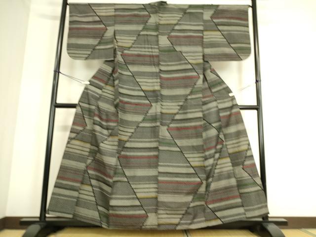平和屋着物▽上質な紬 単衣 幾何学文 正絹 逸品 DAAS0803az