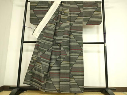 平和屋着物▽上質な紬 単衣 幾何学文 正絹 逸品 DAAS0803az