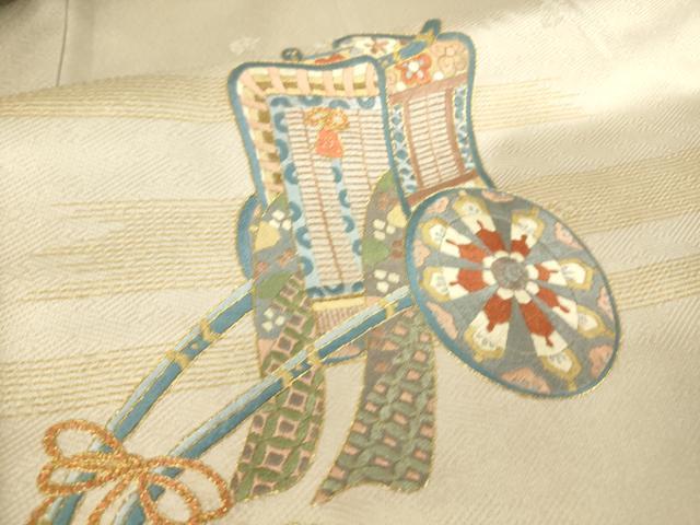 平和屋着物▽訪問着 単衣 総刺繍 御所車扇面花文 金彩 正絹 逸品 DAAS0800az
