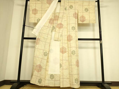 平和屋着物▽上質な紬 単衣 雲取り亀甲文 正絹 逸品 DAAS0808az
