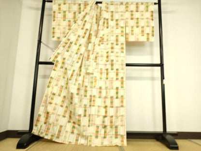 平和屋着物▽上質な紬　単衣　絣格子文　正絹　逸品　DAAS0804az