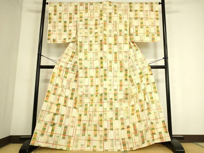 平和屋着物▽上質な紬　単衣　絣格子文　正絹　逸品　DAAS0804az