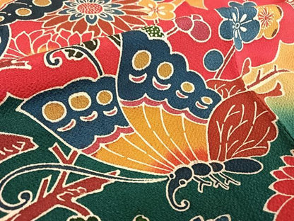 平和屋着物●豪華振袖・長襦袢セット 紅型 舞蝶草花文 鬼しぼ縮緬 正絹 逸品 AAAV9132np