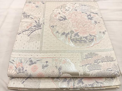 平和屋着物◎六通柄袋帯 唐織 草花文 銀糸 九百錦 正絹 逸品 BAAT4544wb