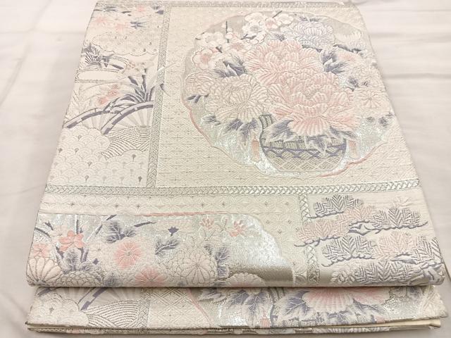 平和屋着物◎六通柄袋帯 唐織 草花文 銀糸 九百錦 正絹 逸品 BAAT4544wb