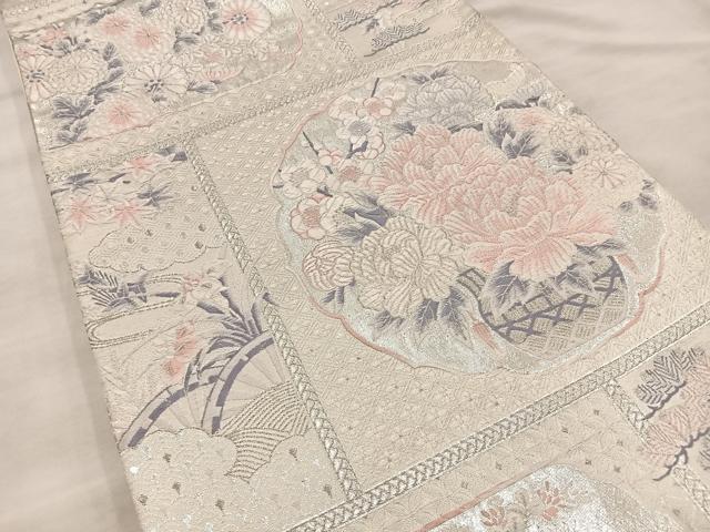 平和屋着物◎六通柄袋帯 唐織 草花文 銀糸 九百錦 正絹 逸品 BAAT4544wb