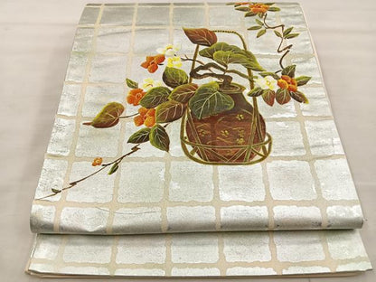 平和屋着物◎西陣 太鼓柄袋帯 花籠文 銀彩 正絹 逸品 BAAT4552wb