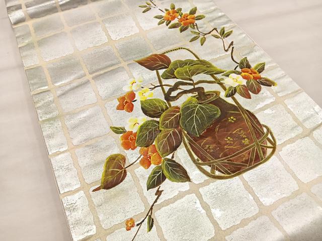 平和屋着物◎西陣 太鼓柄袋帯 花籠文 銀彩 正絹 逸品 BAAT4552wb