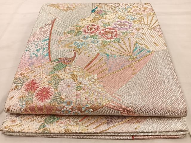 試し締め程度■正絹高級九百錦本金二重織り，四季花文様，六通柄袋帯 平和屋着物◎佐賀錦 六通柄袋帯 孔雀花文 金銀糸 正絹