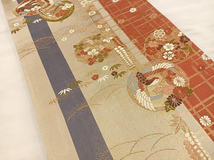 平和屋着物◎六通柄袋帯 唐織 花鳥文 金糸 正絹 逸品 BAAT4582wb