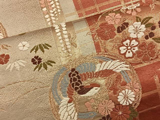平和屋着物◎六通柄袋帯 唐織 花鳥文 金糸 正絹 逸品 BAAT4582wb