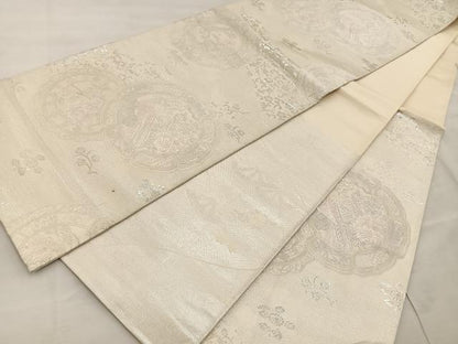 平和屋着物◎両面　六通柄袋帯　花鳥文　銀糸　正絹　逸品　BAAT4595wb