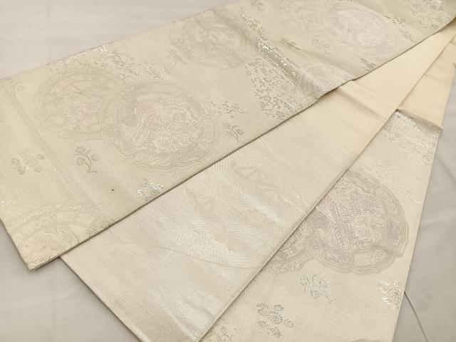 平和屋着物◎両面　六通柄袋帯　花鳥文　銀糸　正絹　逸品　BAAT4595wb
