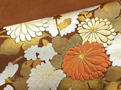 平和屋着物◎太鼓柄袋帯 刺繍 秋草文 金銀彩 正絹 逸品 BAAT9282wb