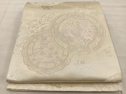 平和屋着物◎両面　六通柄袋帯　花鳥文　銀糸　正絹　逸品　BAAT4595wb