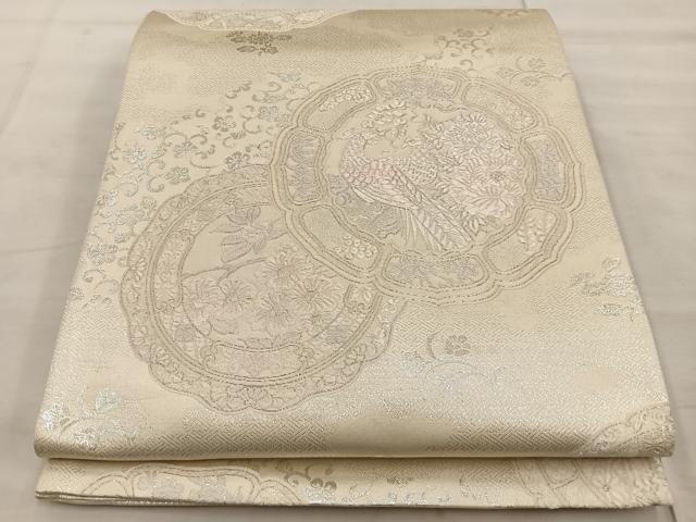平和屋着物◎両面　六通柄袋帯　花鳥文　銀糸　正絹　逸品　BAAT4595wb