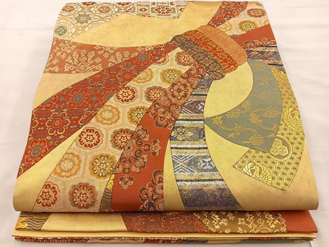 平和屋着物◎六通柄袋帯 切嵌 束ね熨斗花文 金糸 正絹 逸品 BAAT9295wb