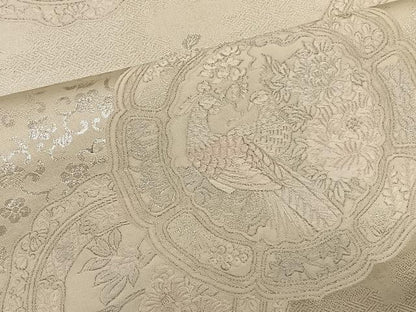 平和屋着物◎両面　六通柄袋帯　花鳥文　銀糸　正絹　逸品　BAAT4595wb