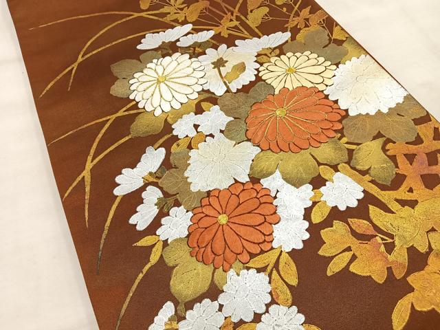 平和屋着物◎太鼓柄袋帯 刺繍 秋草文 金銀彩 正絹 逸品 BAAT9282wb