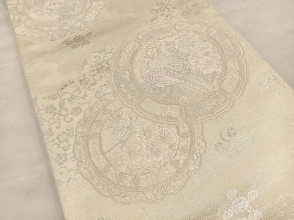 平和屋着物◎両面　六通柄袋帯　花鳥文　銀糸　正絹　逸品　BAAT4595wb