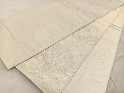 平和屋着物◎両面　六通柄袋帯　花鳥文　銀糸　正絹　逸品　BAAT4595wb