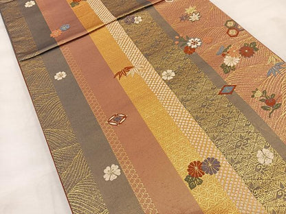 平和屋着物◎六通柄袋帯 唐織 草花文 金糸 正絹 逸品 BAAT9288wb
