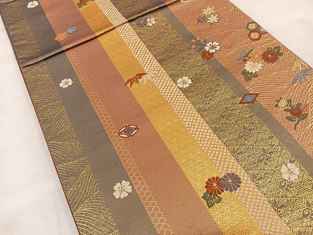 平和屋着物◎六通柄袋帯 唐織 草花文 金糸 正絹 逸品 BAAT9288wb
