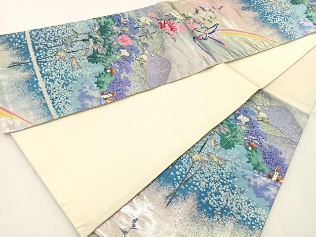 平和屋着物◎六通柄袋帯 唐織 風景花蝶文 銀糸 正絹 逸品 BAAT6221ea