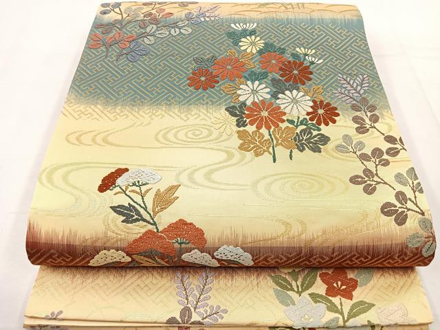 M203 夏帯　ブルー　花模様　流水　六通　正絹　袋帯　美品 M203 夏帯 ブルー 花模様 流水 六通 正絹 袋帯 美品