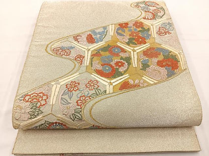 平和屋着物◎太鼓柄袋帯 唐織 綴れ 花丸文 金糸 正絹 逸品 BAAT6229ea