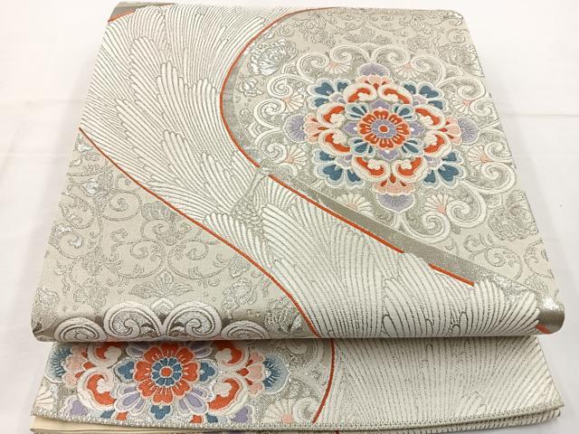 平和屋着物◎六通柄袋帯 唐織 孔雀華文 銀糸 正絹 逸品 BAAT6256ea