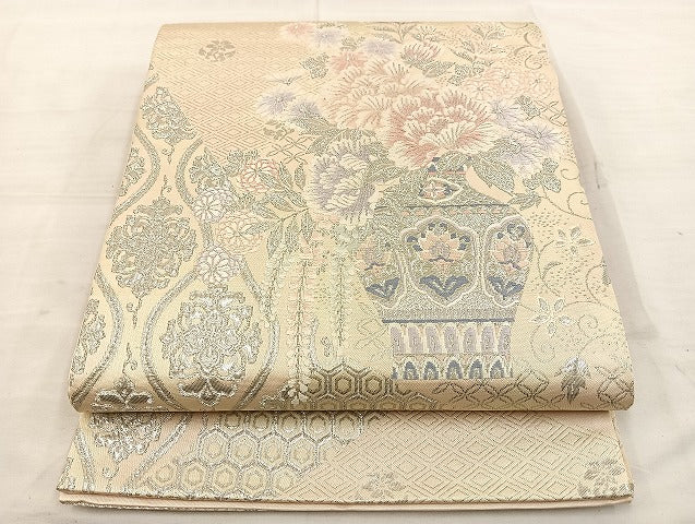 平和屋着物◎六通柄袋帯 唐織 飾花文 銀糸 正絹 逸品 BAAT4703kg
