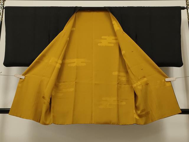 平和屋着物＃道行コート リバーシブル エ霞地紋 山吹茶色 黒地 正絹 逸品 CAAT5638id
