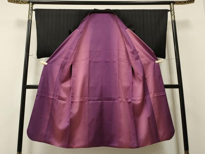 平和屋着物＃道行コート　雨コート　リバーシブル　霞文　黒地　ロング丈　正絹　逸品　CABA3446ua